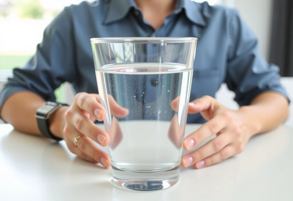 Eine Person, die ein Glas Wasser trinkt, mit einem Fokus auf Hydration und Wohlbefinden.