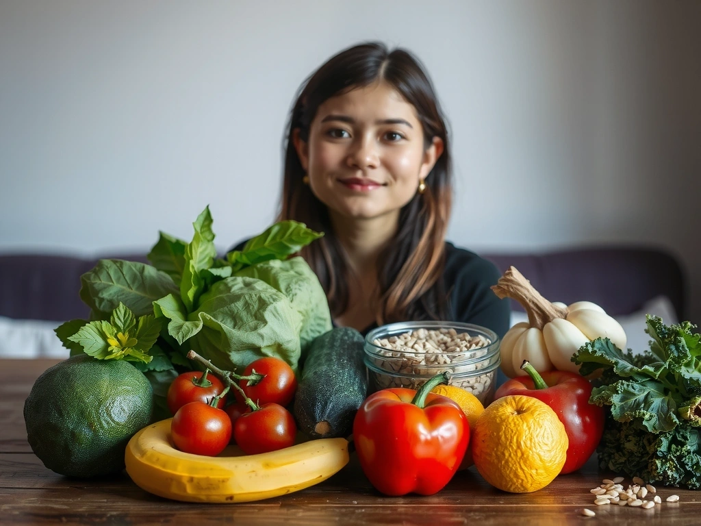 Eine ruhige Szene mit frischen, gesunden Lebensmitteln und einer lächelnden Person, die Wohlbefinden und Natürlichkeit ausstrahlt.